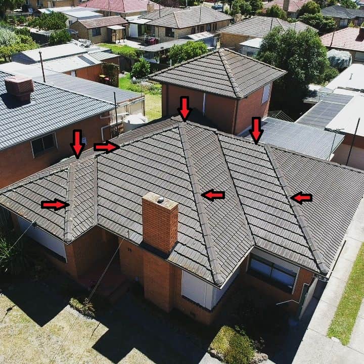 tiled roof with arrows for repointing